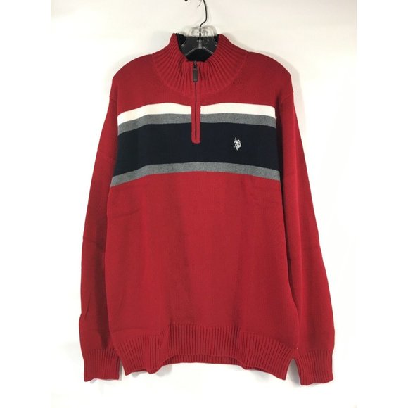 US Polo Assn. Quarter Zip Mock Neck Sweater Large Engine Red Stripe - Picture 3 of 10